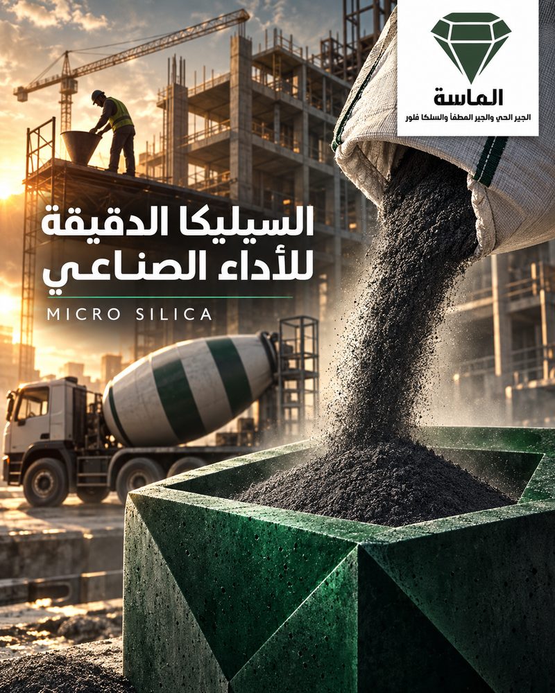 إعلان الماسة: السيليكا الدقيقة للأداء الصناعي — Micro Silica، مع مشهد خرسانة وإنشاءات